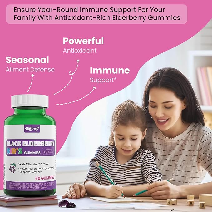 Elderberry Vitamin C and Zinc Gummies for Kids & Adults - Sambucus Elderberry Gummies Immune Support, Natural Berry Flavor, Vegan, Gluten-Free, 60 Gummies (2-Month Supply)
