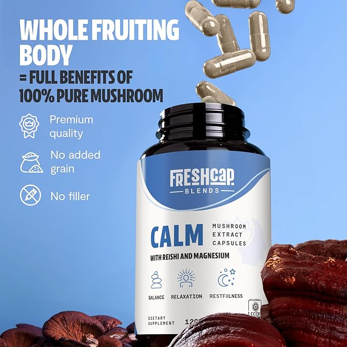 FreshCap 5-in-1 Calm Magnesium Glycinate Supplement, 7000mg Reishi Mushroom Capsules, Calm Magnesium, Natural Calm Magnesium Supplement, St Johns Wort Extract, Ashwagandha Magnesium, Ayurveda