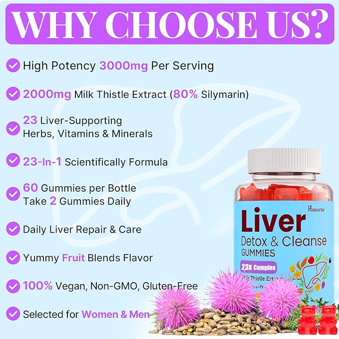 3000mg Liver Cleanse Detox & Repair Gummies | Milk Thistle 2000mg with Turmeric Dandelion Root & Artichoke for Liver Detox, Liver Support & Renew, Antioxidant, Gut, Skin - Fruit Flavor, 120 Gummies