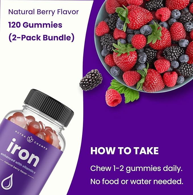NutraChamps Iron Gummies with Vitamin C, 20mg Iron Gummies for All, Blood Cell Formation Support, 120 Gummies, Iron Gummy for Iron Deficiency & Anemia, Energy, Focus, Immune Boost Pack of 2