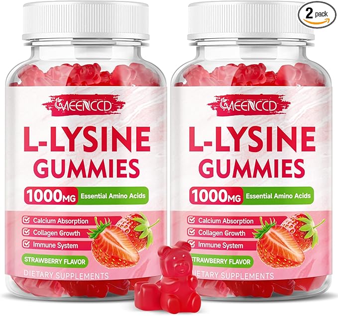 2 Pack L-Lysine 1000mg Gummies, Lysine Supplement for Adults & Kids, Essential Amino Acid for Oral & Lips Health, Boost Immune & Calcium & Collagen, Sugar-Free, Strawberry Flavor, 120 Count