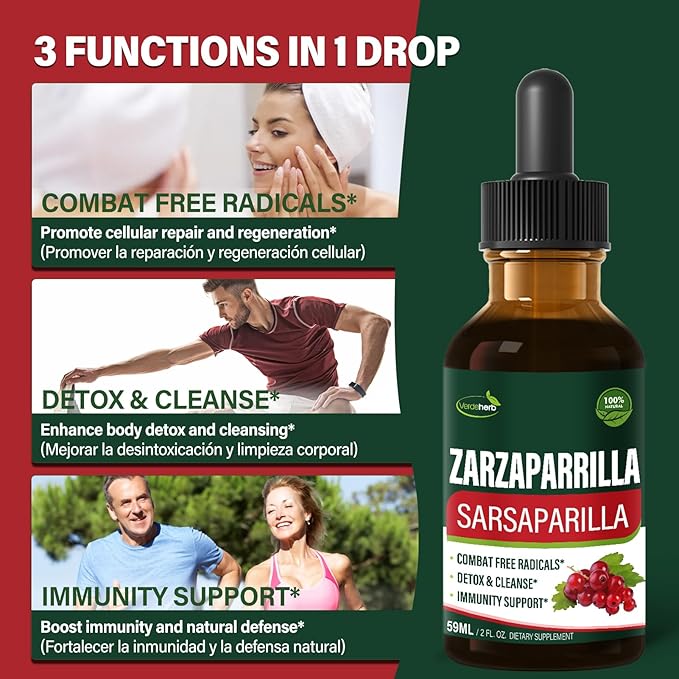 Sarsaparilla Root Extract Drops for Liver Cleanse Detox & Repair, Immune Support Supplement with Dandelion Cocolmeca Polypodium Leucotomos. Diente de Leon para Limpieza de Colon y Desintoxicar. 2oz