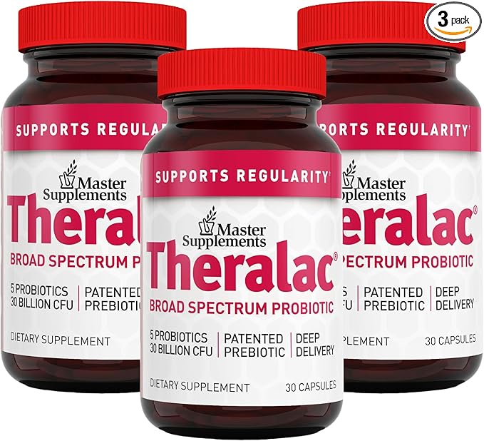 Master Supplements Theralac - 30 Capsules, Pack of 3 - Multi-Strain Probiotic for Optimal Gut Health + Gas & Bloating Relief - Gluten Free - 90 Servings