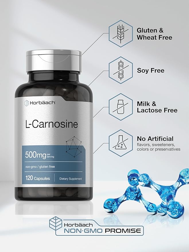 Horbäach L-Carnosine 500mg | 120 Capsule Supplement | Non-GMO & Gluten Free Powder Pills