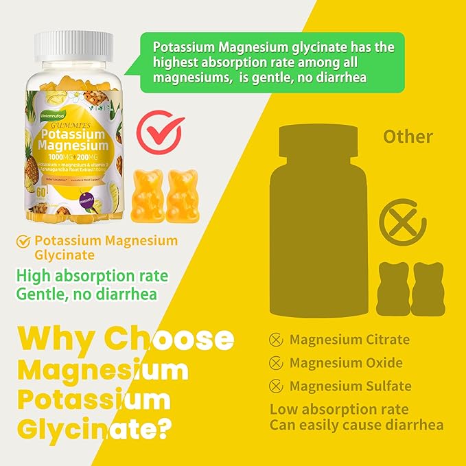 Potassium Magnesium Gummies,High Absorption Magnesium Glycinate,B6,D3,Potassium Citrate for Leg Cramps,Muscle,Electroyte for Adults Kids,Sugar-Free, 60 Gummies (Pineapple)