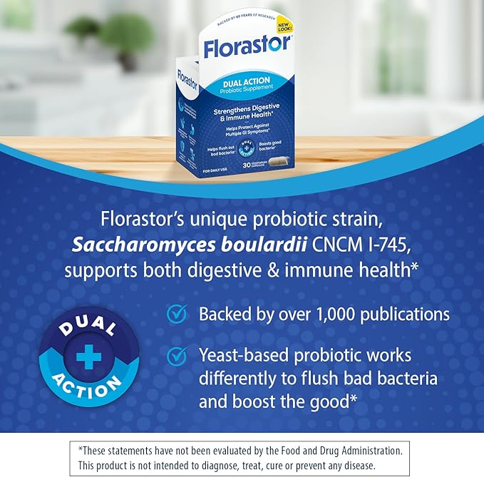 Florastor Probiotics for Digestive and Immune Health, 30 Capsules, Probiotics for Women & Men, Helps Flush Out Bad Bacteria, Boosts The Good with Our Unique Strain Saccharomyces Boulardii