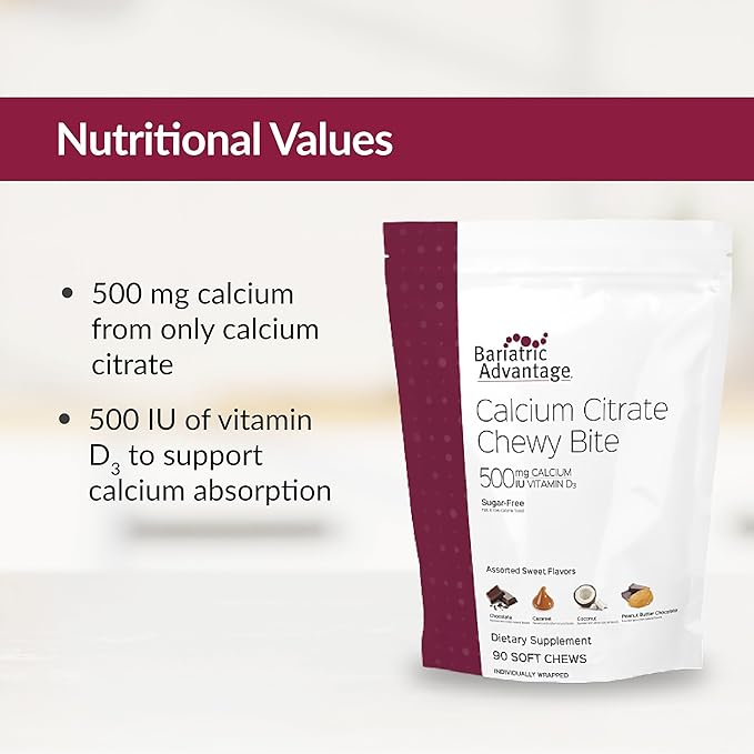 Bariatric Advantage Calcium Citrate Chewy Bites 500mg with Vitamin D3 for Bariatric Surgery Patients Including Gastric Bypass and Sleeve Gastrectomy, Sugar Free - Assorted Sweet Flavor, 90 Count