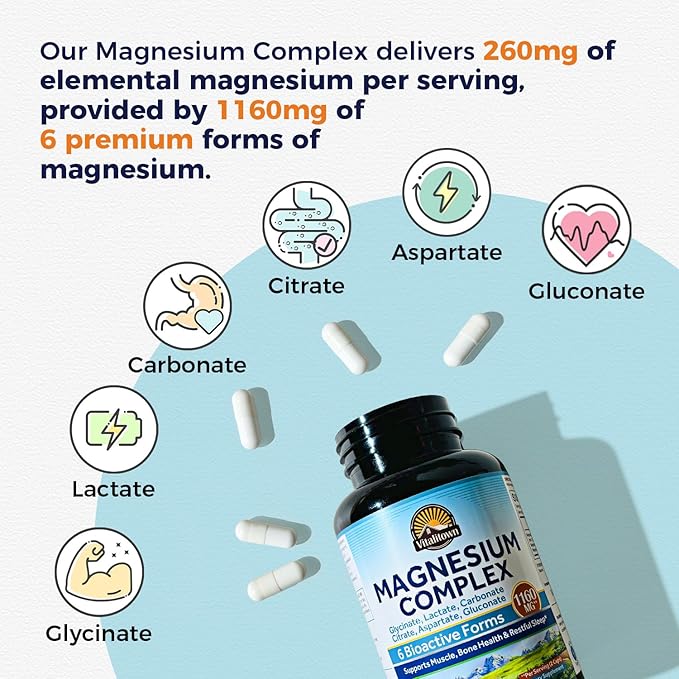 Vitalitown 6-In-1 Magnesium Complex 1160mg Per Serving, Magnesium Glycinate, Citrate, Carbonate, Aspartate, Gluconate & Lactate, High Absorption, Bone, Muscle, Sleep & Digestive Health, 120 Vegan Caps