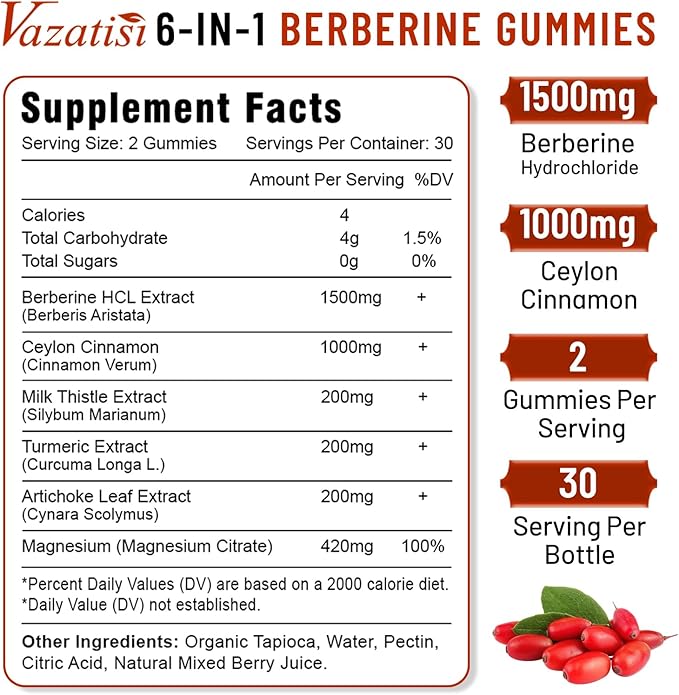 Berberine Gummies, Berberine HCL with Ceylon Cinnamons, Magnesium Citrate, Milk Thistle Supplement for Adult and Kids, Mixed Berry Flavored 120 Cts