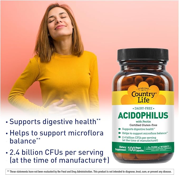 Country Life Acidophilus Probiotic Supplement for Women & Men - Free from Common Allergens - 2.4 Billion CFUs to Support Digestive Health - Dairy-Free, Non-GMO, 100 Vegan Capsules