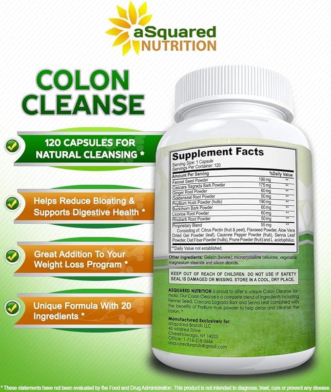 aSquared Nutrition Pure Colon Cleanse for Weight Loss - 120 Capsules, Max Strength, Natural Colon Detox Cleanser, Colon Cleansing Diet Supplement Blend for Digestive Health, Diet Pills for Men & Women