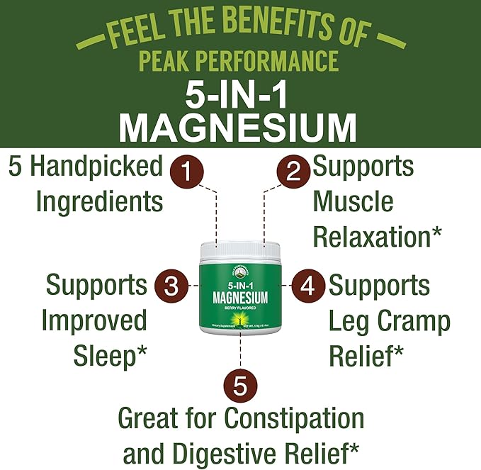 5-in-1 Magnesium Powder Drink for Women & Men. Magnesium Glycinate + Citrate + Malate + Chelate + Taurate. Great Tasting Vegan Supplement for Muscle Relaxation, Sleep, Cramps. Berry Flavor