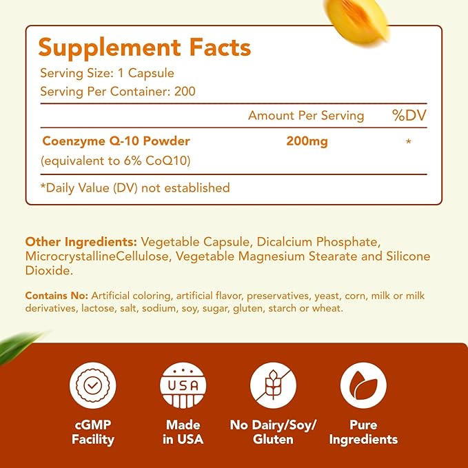 Coenzyme Q10 200mg CoQ10 Supplement -Once Daily CoQ10 200mg Powder Capsules for Heart Health, Antioxidant & Energy Support -Non-GMO, Quick Absorption Ubiquinone Q10 Coenzyme (200 Count (Pack of 1))