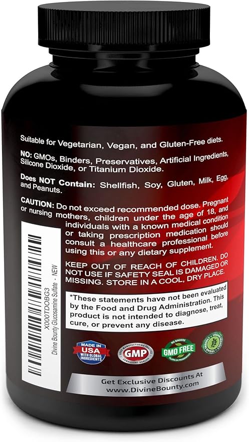 Divine Bounty Glucosamine Sulfate Supplement (2000mg per Serving) with MSM - 240 Small Vegetarian Capsules - No Shellfish or Harmful Additives