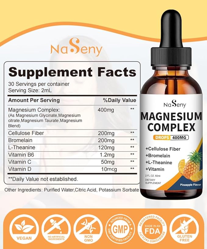Liquid Magnesium Glycinate - 400mg Magnesium Complex Drops Easier to Swallow Than Pills,Daily Supplements with VitaminB C D for Bone Health,Relaxtion and Sleep (2 Fl Oz/1PCS)