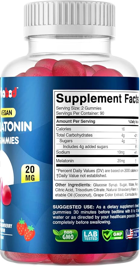 Melatonin 20mg Gummies - 180 Count - Drug Free - Natural Strawberry Flavor - Vegetarian, Non-GMO, Gluten Free (1 Bottles)