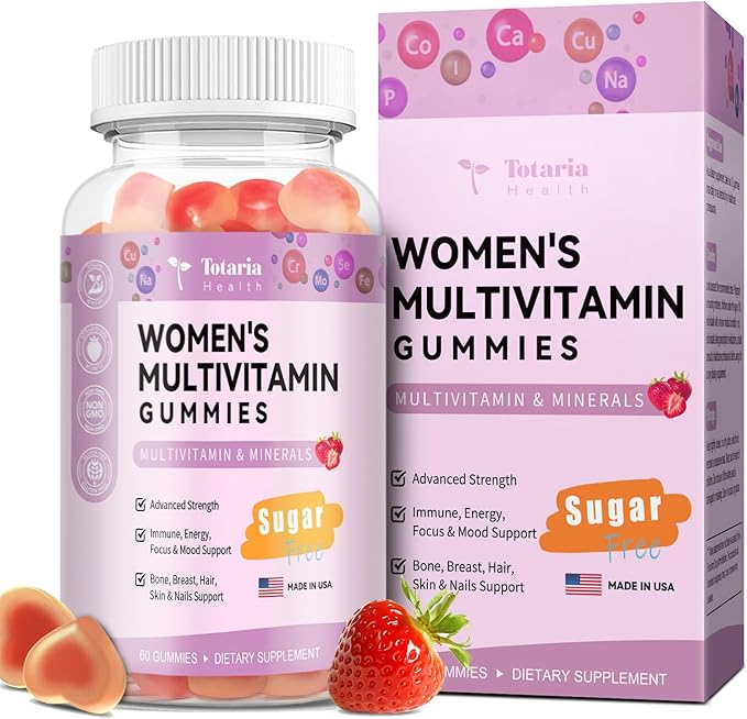 Sugar Free Multivitamin Gummies for Women 14+ w/Iron, Inositol, Folate, Biotin, Womens Daily Multivitamin Gummy w/Vitamin A, D, C, B, Support Hair, Skin, Energy, Immune, Strawberry Flavor