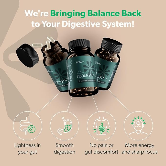 BIOMA Probiotics for Digestive Health, 3 in 1 Gut Health Probiotics and Prebiotics/Postbiotics, Probiotic Capsules for Complete Gut Harmony Probiotic Multi Enzyme - New Improved Formula (180 Caps)