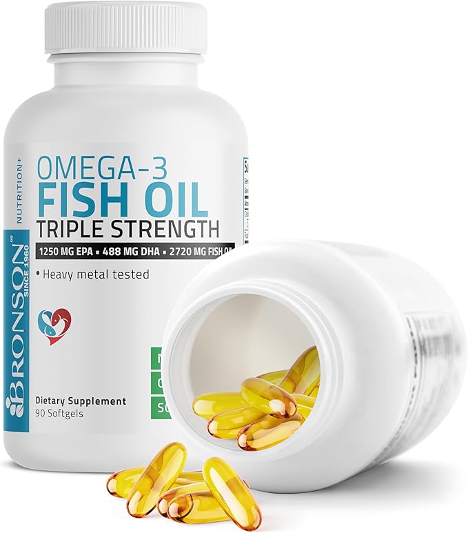 Bronson Omega 3 Fish Oil Triple Strength 2720 mg, High EPA 1250 mg DHA 488 mg, Non-GMO Heavy Metal Tested, 90 Softgels