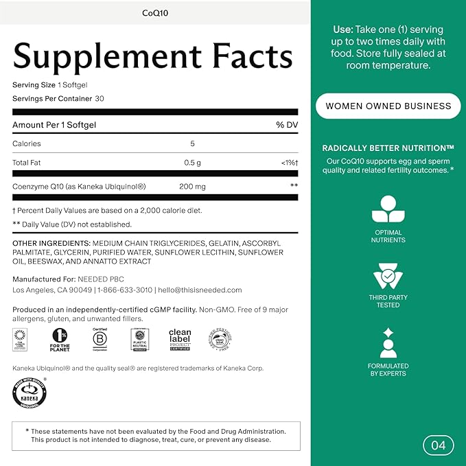 Needed. CoQ10 200mg Supplement - Ubiquinol 200mg for Women and Men – Coenzyme Q10 Preconception Health Supplement, Non-GMO, Softgels – 30 Count
