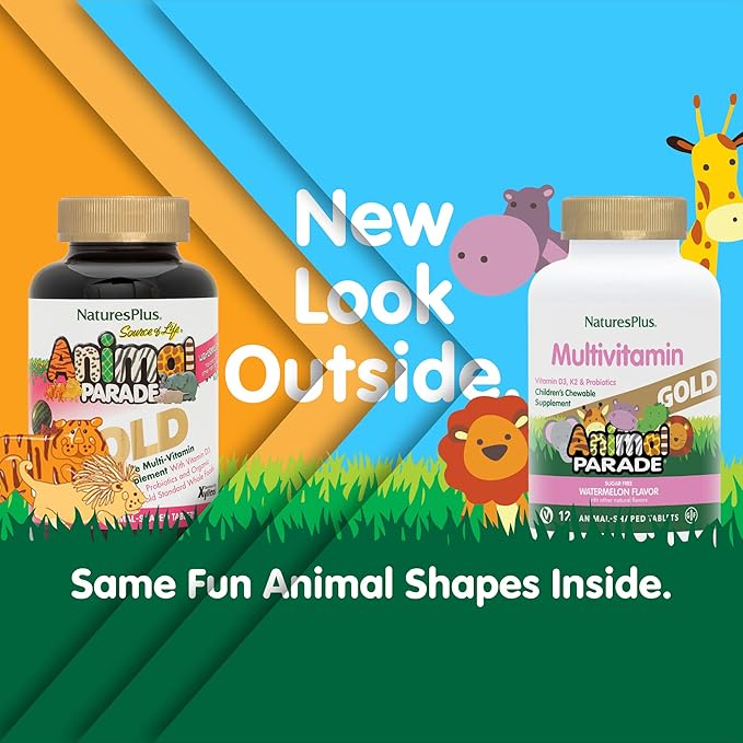 Natures Plus Animal Parade Gold Multivitamin Children’s Chewables - Watermelon Flavor - 120 Animal-Shaped Tablets - Vitamin D3, K2 & Probiotics - Vegan, Gluten Free - 60 Total Servings
