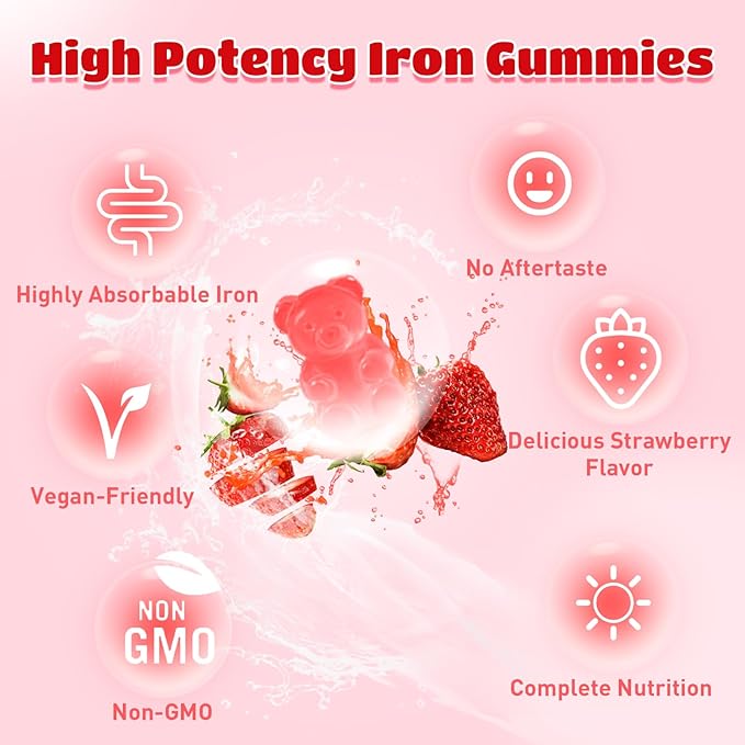 2 Pack Iron Gummies for Men and Women, Energize, Combat Fatigue, Support Anemia Recovery. Packed with Iron, Folate, Vitamin C, in Vegan Strawberry Flavor, 120 Gummies