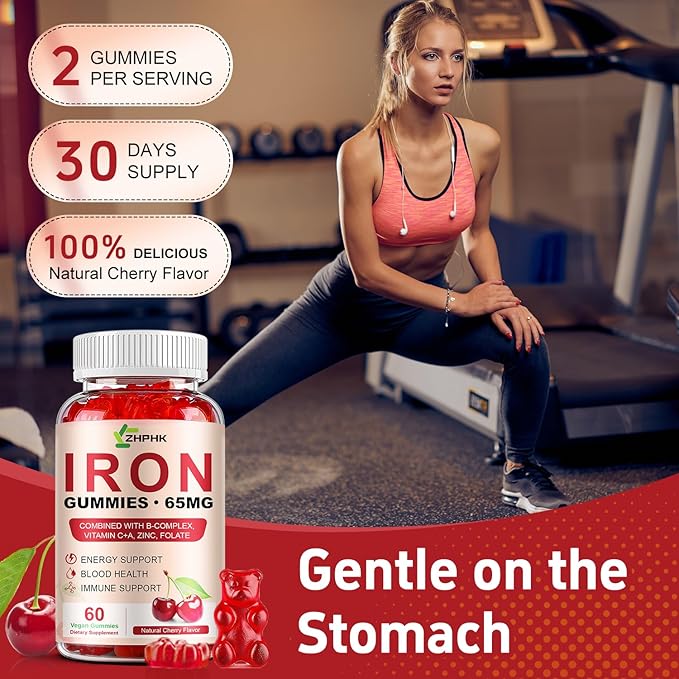 Iron Gummies Supplement for Women, Men & Kids, Iron 65mg with 250mg Vitamin C B6 B12 Folate Healthy Blood, Energy & Immune Support Gentle on Stomach Ferrous Fumarate, 120 Count