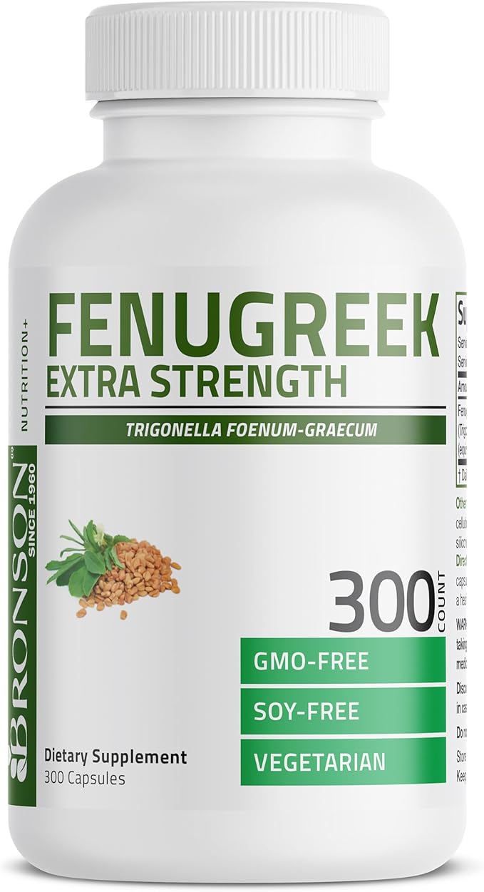 Bronson Fenugreek Seed Powder Capsules Extra Strength, Trigonella Foenum-Graecum, Non-GMO, Soy-Free, Vegetarian, 300 Capsules