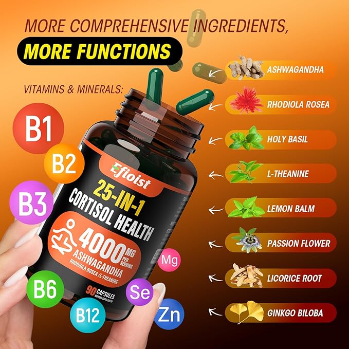 Cortisol Health Supplement, 25-in-1 Cortisol Reducer for Women & Men, Cortisol Supplements for Women with Ashwagandha, Rhodiola Rosea, L-Theanine, for Mood, Focus, Sleep Support, 90 Capsules