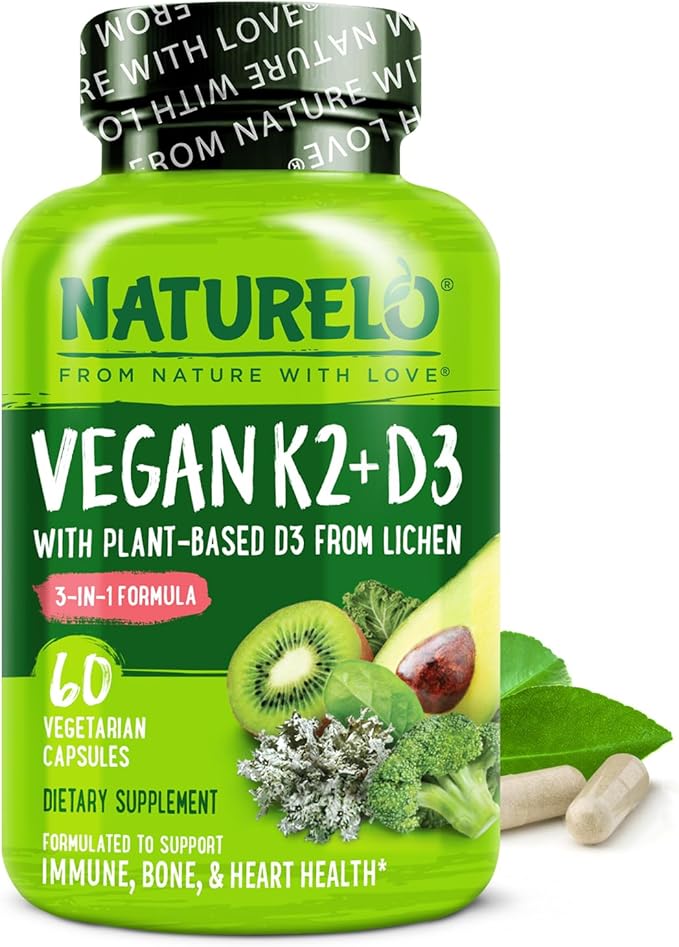 NATURELO Vitamin D3 K2 - Vegan K2+D3 with Plant Based D3 from Lichen - Natural D3 Supplement for Immune System, Bone Support, Heart Health - Whole Food - Non-GMO - Gluten Free, 60 Capsules