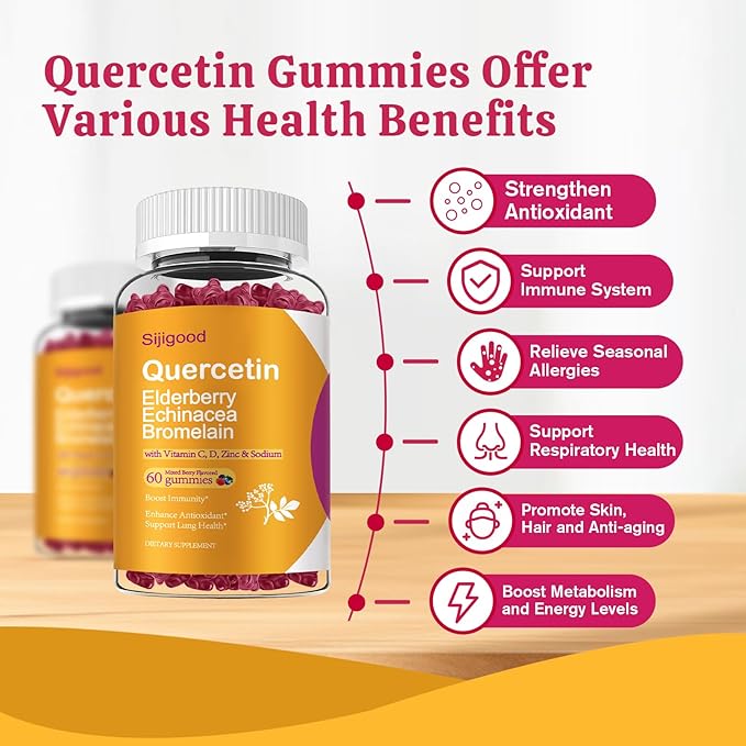 2 Packs Quercetin with Bromelain Gummies, Elderberry, Echinacea, Vitamin C D Zinc - Immune System Support 120 Counts Pure Quercetin Supplements Gummies for Kids & Adults