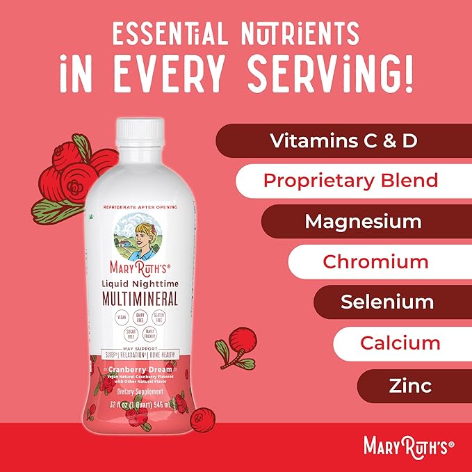 MaryRuth's Liquid Nighttime Multimineral | Sugar Free | Calm Magnesium Citrate | NO Melatonin | Calcium Magnesium Zinc | Muscle Relaxation | Available in 4 Flavors | Vegan | Gluten Free | 32 Servings