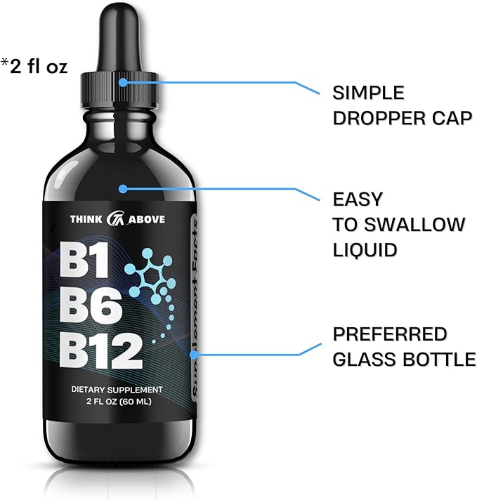 B1 B6 B12 Vitamin Liquid Drops - Nerve, Energy, Brain Support Supplement - Fruity-Like Flavor - Methylcobalamin, Thiamine, Pyridoxine - 60 Day Supply - 2 oz - for Men and Women - Simply Made