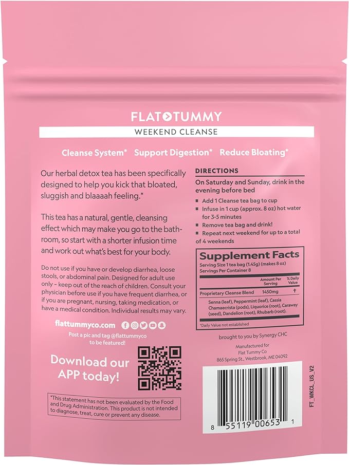 Flat Tummy Weekend Cleanse Tea - 30 Day Program - All Natural Colon Cleanse w/Senna and Dandelion Root, Provides Bloating Relief for Women - Detox Cleanse for Digestion Support and Gas Relief