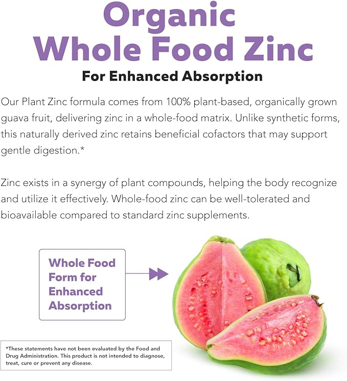 Organic Zinc 25 mg | Whole Food zinc Supplements | Derived from Organic Fruit, Elemental Zinc - Water Extracted, Vegan, GMO-Free - Essential Mineral, Antioxidant, Immune Support, Skin - 60 Servings