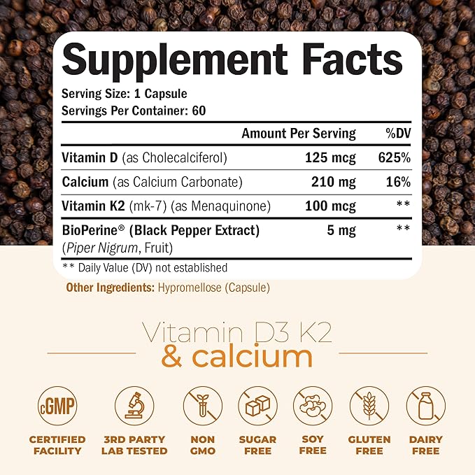 Vitamin D3 K2 & Calcium Supplement with BioPerine for Immune & Bone Health - Vitamin K2 as MK7 + Calcium + Vit D3 5000 IU. 4 in 1 Support for Strong Bones, Teeth and Heart Health. Non-GMO. 60 Capsules