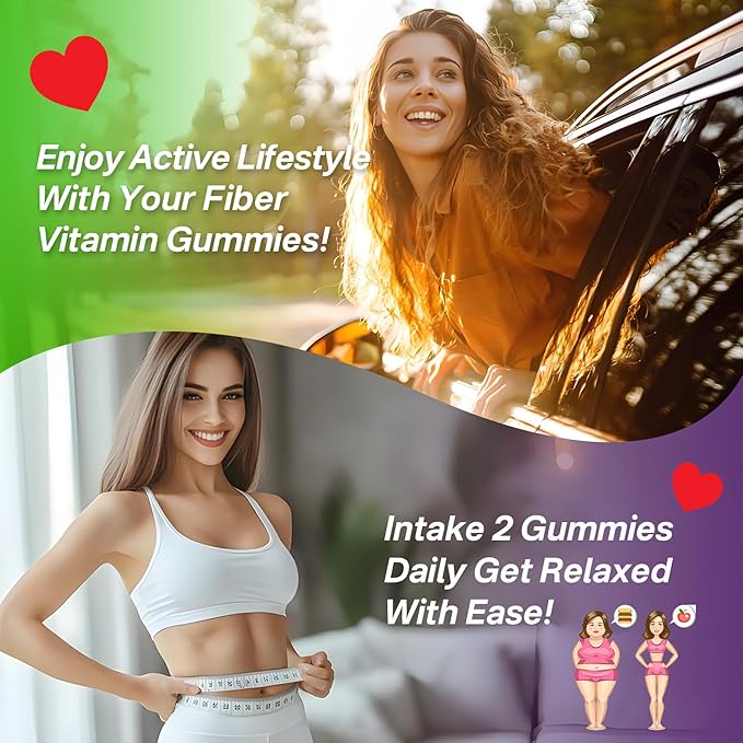 Fiber Gummies for Adults - Sugar Free Probiotics Fiber Supplement Vitamin B12 1000 mcg Vitamin D3 5000 iu/w Green Tea, Organic Whole Food For Fulfill, Metabolism, Gut & Digestive Health-Vegan, 1 Pack