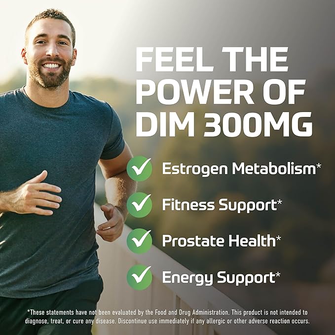 DIM 300mg For Men, Estrogen Blocker & Aromatase Inhibitor | Extra Strength Men’s Hormone Balance & Fitness Booster Supplement with Diindolylmethane Plus CDG & Sulforaphane | Gluten-Free | 60 Capsules