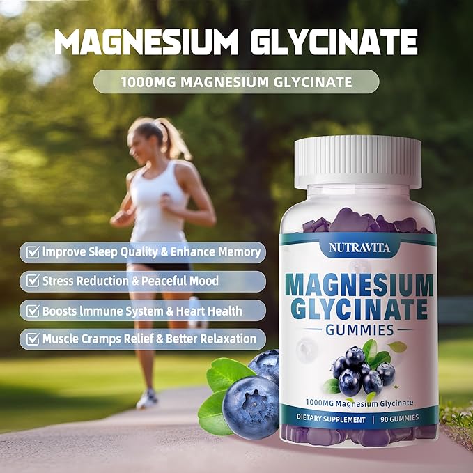 Magnesium Glycinate Gummies 1000mg with Magnesium L-Threonate,Chelated Magnesium Potassium Complex Supplement with VitD, B6, CoQ10, Calcium,Supports for Memory, Calm, Mood - 180 Gummies Blueberry