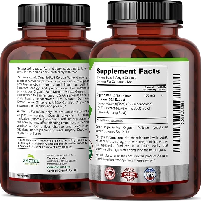 Zazzee USDA Organic Red Korean Panax Ginseng 20:1 Extract, 8000 mg Strength, 5% Ginsenosides, 120 Vegan Capsules, Standardized and Concentrated 20X Root Extract, 100% Vegetarian, All-Natural, Non-GMO