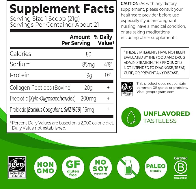 Orgain Hydrolyzed Collagen Peptides + Prebiotic & Probiotics Powder for Women & Men, 20g Grass Fed Collagen, 1 Billion CFU - Supports Digestive, Hair, Skin & Joint Health, Non-GMO, Type I & III, 1lb
