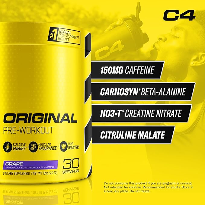 Cellucor C4 Original Pre Workout Powder Grape Sugar Free Preworkout Energy for Men & Women 150mg Caffeine + Beta Alanine + Creatine - 30 Servings (Packaging May Vary)