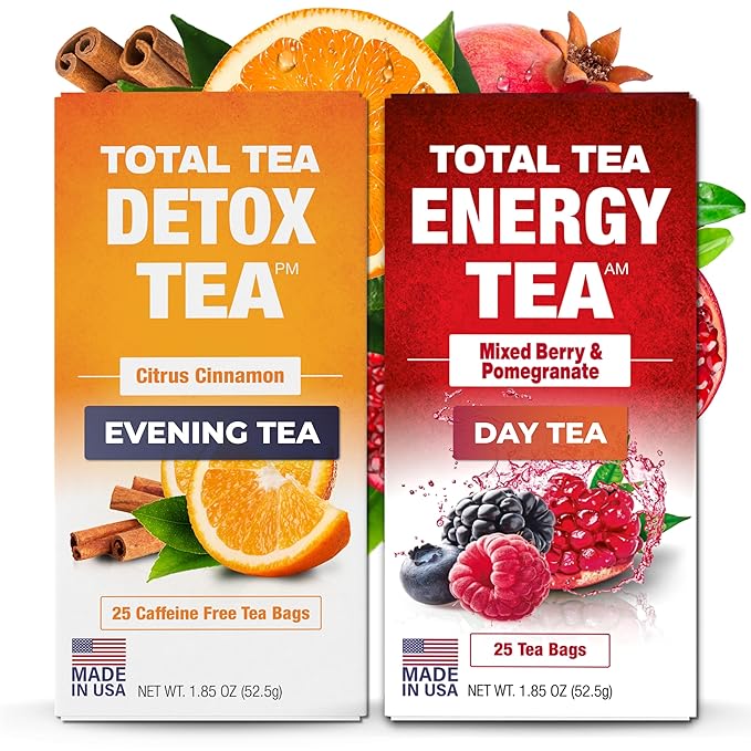 Total Tea Detox Tea & Energy Tea Set - 25 Day Detox Tea - Herbal SIim Tea with Chamomile - Hibiscus Tea and Ginger Root for Colon Cleanse – Natural Citrus & Cinnamon Herbal Tea for Digestive Health (25-Pack, Detox & Energy Tea)