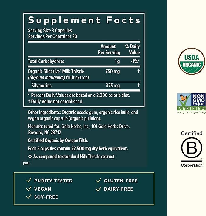 Gaia Herbs Milk Thistle - Liver Supplement & Cleanse Support for Maintaining Healthy Liver Function* - 60 Vegan Capsules (20-Day Supply)