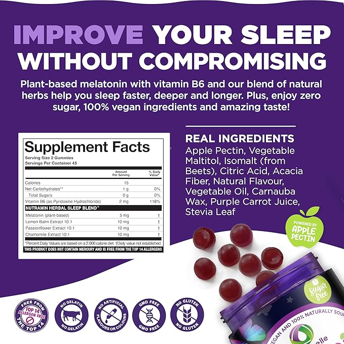 Nutramin Sleepy Time Gummy: The Vegan, Sugar-Free, Natural Melatonin 5mg for Longer Deeper Sleep - No Next-Day Grogginess, Non-Habit Forming Delicious & Drug-Free Allergy-Safe Herbal Sleep Gummies