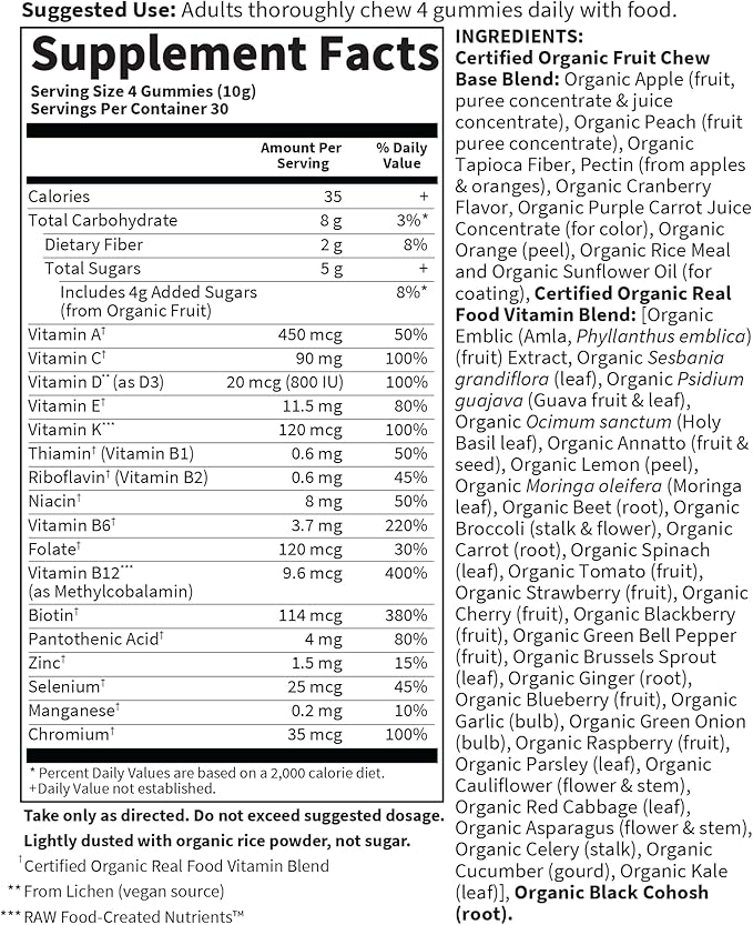 Garden of Life Organics Women 40+ Gummy Vitamins - Berry - Certified Organic, Non-GMO, Vegan, Kosher Complete Multi - Methyl B12, C & D3 - Gluten, Soy & Dairy Free, 120 Real Fruit Gummies