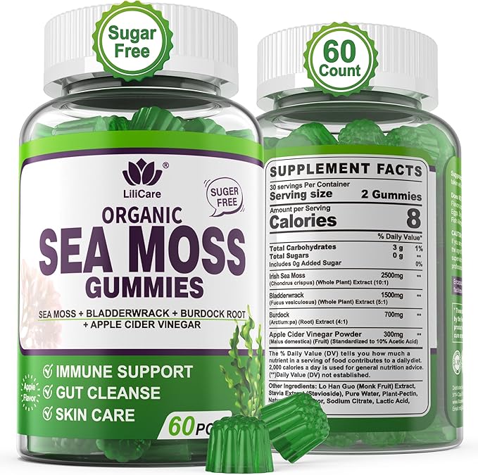 Sea Moss Gummies- Immune & Thyr0id Support, Organic Irish Sea Moss Supplement for Adults & Kids w/Burdock Root, Bladderwrack, Apple Cider Vinegar - Gut, Skin Health, Sugar Free, Vegan, 60Cts
