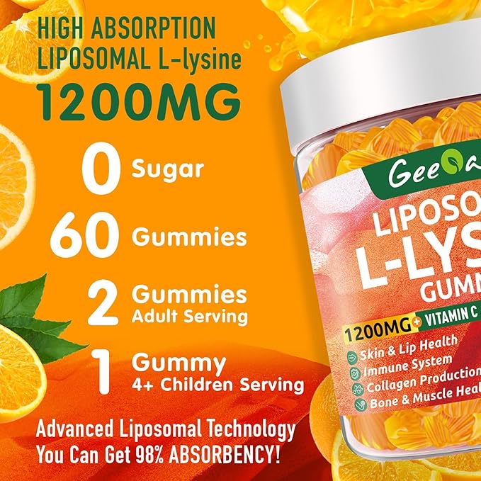 Liposomal L-lysine Gummies 1200mg, Lysine Chewable Supplement with Vitamin C, D3, B12 & Zinc for Adults & Kids, Immune & Collagen Support, Lips & Skin Health, Vegan, Natural Fruit Flavor, 60CT