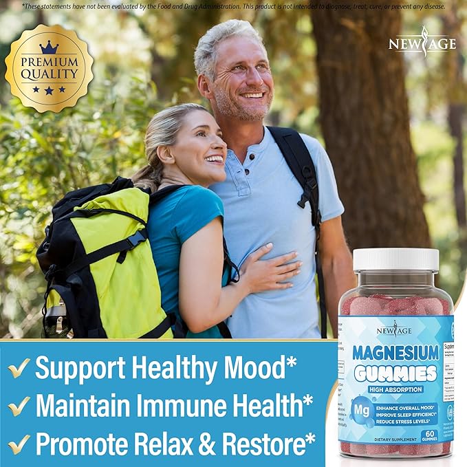 Magnesium Gummies - Calming Anti-Stress Gummies, Magnesium Supplement for Adults and Kids, Vegan, Gelatin-Free, Gluten-Free, Non-GMO, Delicious Natural Raspberry Flavor- 60 Count - by New Age
