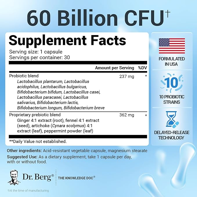 Dr. Berg Probiotic Supplement (60 Billion CFUs) - Helps Ease Occasional Constipation, Diarrhea, Gas & Bloating* - Pre and Probiotics for Digestive Health - 30 Probiotic Capsules